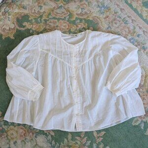 UNIQLO Women Sz L Shirt Blouse White Pintuck Comptoirs Bib Boho 3/4 Sleeve Boxy